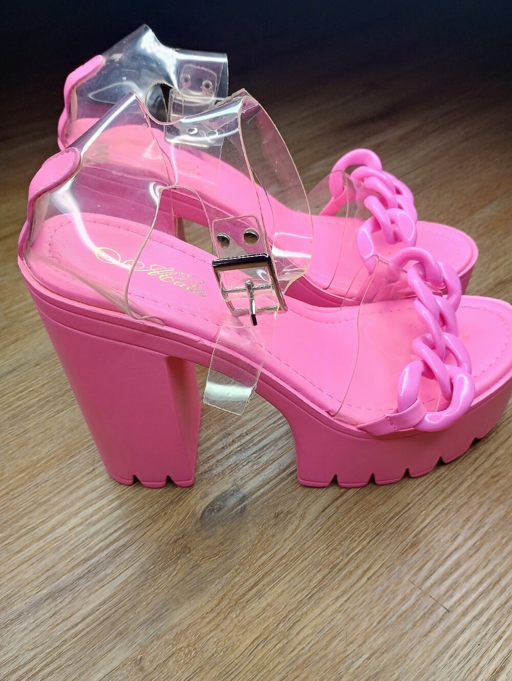 Bright Pink Platform Heel Sandals with Clear Ankle Straps
